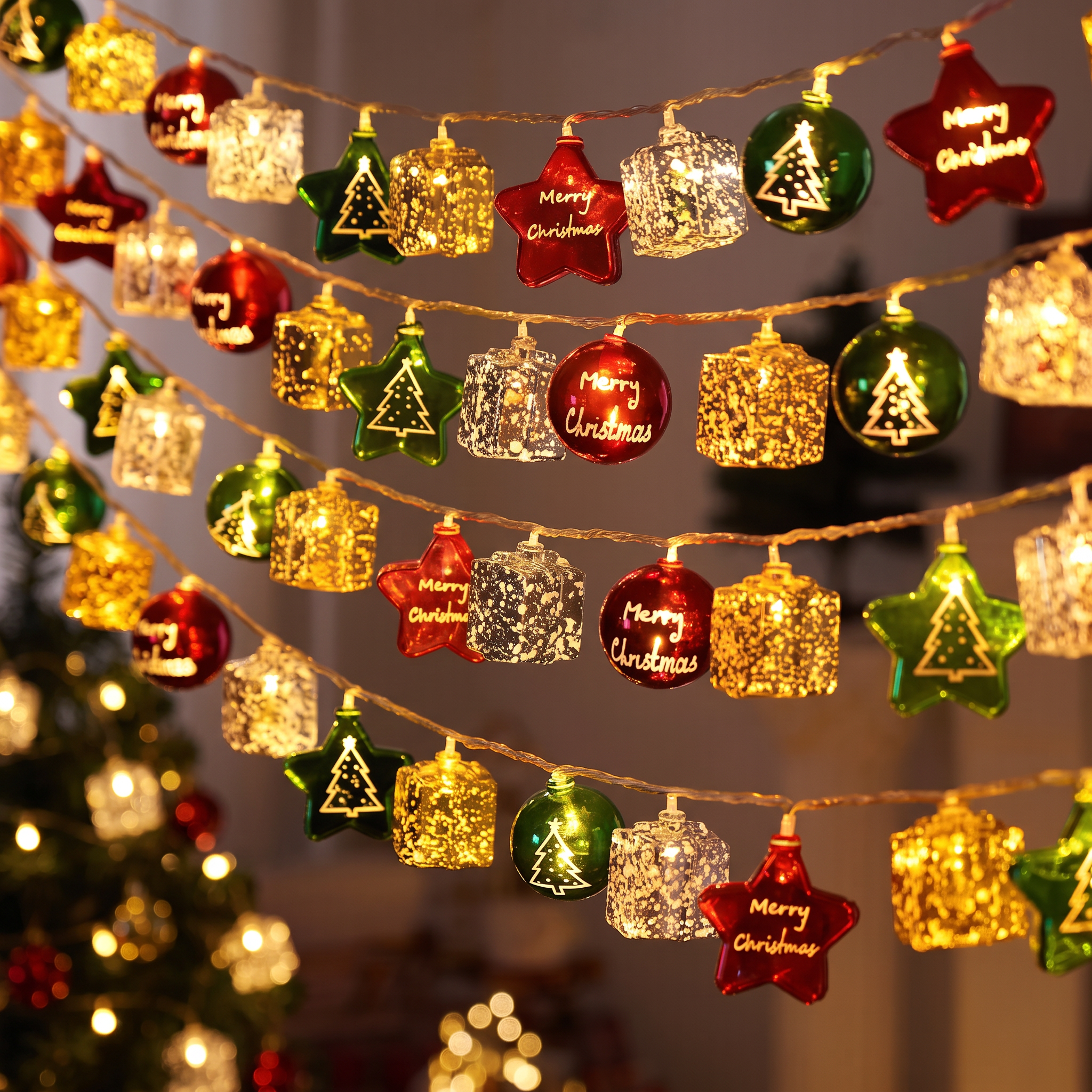 Jolly Charms decorative Christmas charm string lights glowing